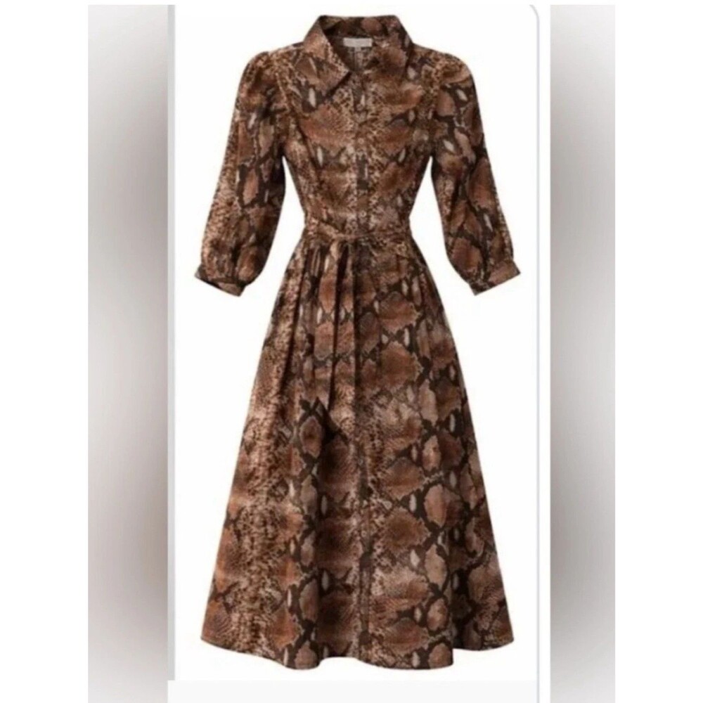 Caroline Constas womens Brown Snakeskin Print 100%  Cotton Midi Dress size Small